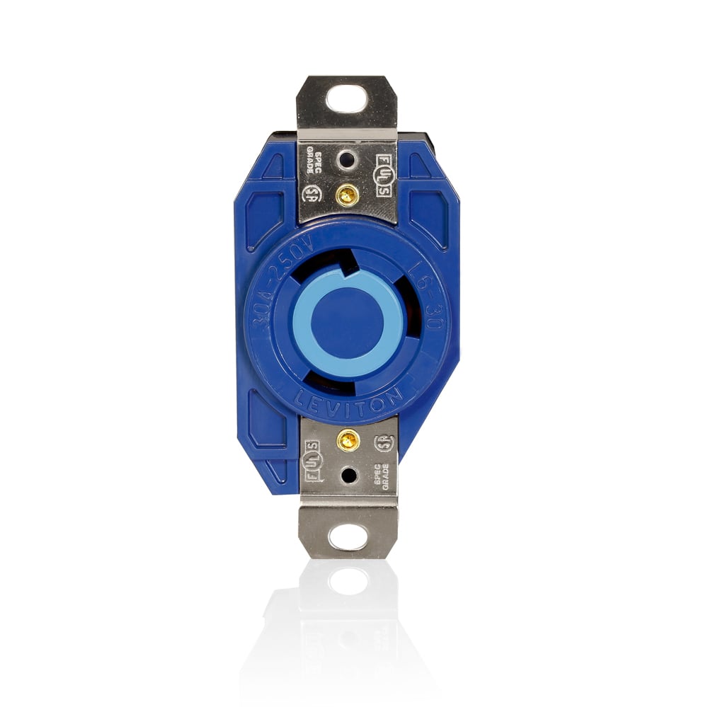30 Amp, 250 Volt, NEMA L6-30R, 2P, 3W, Flush Mtg Locking Receptacle, Industrial Grade, Grounding, V-0-MAX - Blue