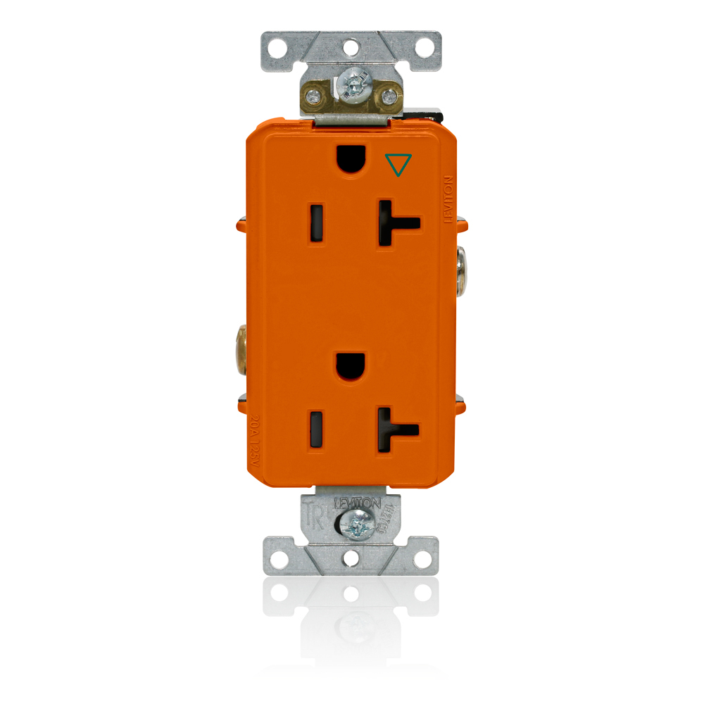 Decora Plus Isolated Ground Duplex Receptacle Outlet, Heavy-Duty Industrial Specification Grade, Smooth Face, 20 Amp, 125 Volt, Back or Side Wire, NEMA 5-20R, 2-Pole, 3-Wire, Self-Grounding - Orange
