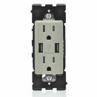 Combination Duplex Receptacle/Outlet and USB Charger. 15 Amp, 125 Volt, Renu Tamper-Resistant Receptacle/Outlet, NEMA 5-15R. 3.6 Amps, 5VDC, 2.0 Type A USB Chargers. Grounding, Side Wired  - Back Wired  - Wood Smoke