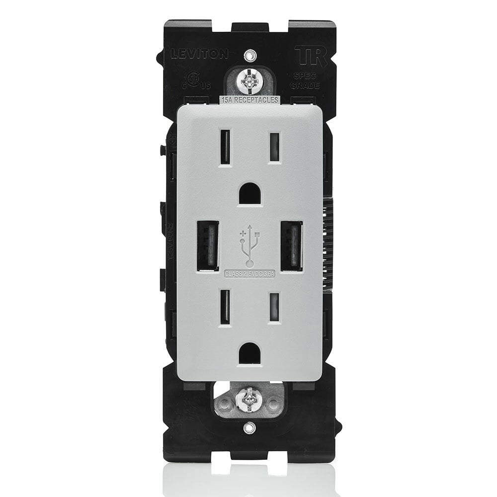 Combination Duplex Receptacle/Outlet and USB Charger. 15 Amp, 125 Volt, Renu Tamper-Resistant Receptacle/Outlet, NEMA 5-15R. 3.6 Amps, 5VDC, 2.0 Type A USB Chargers. Grounding, Side Wired  - Back Wired  - Pebble Grey