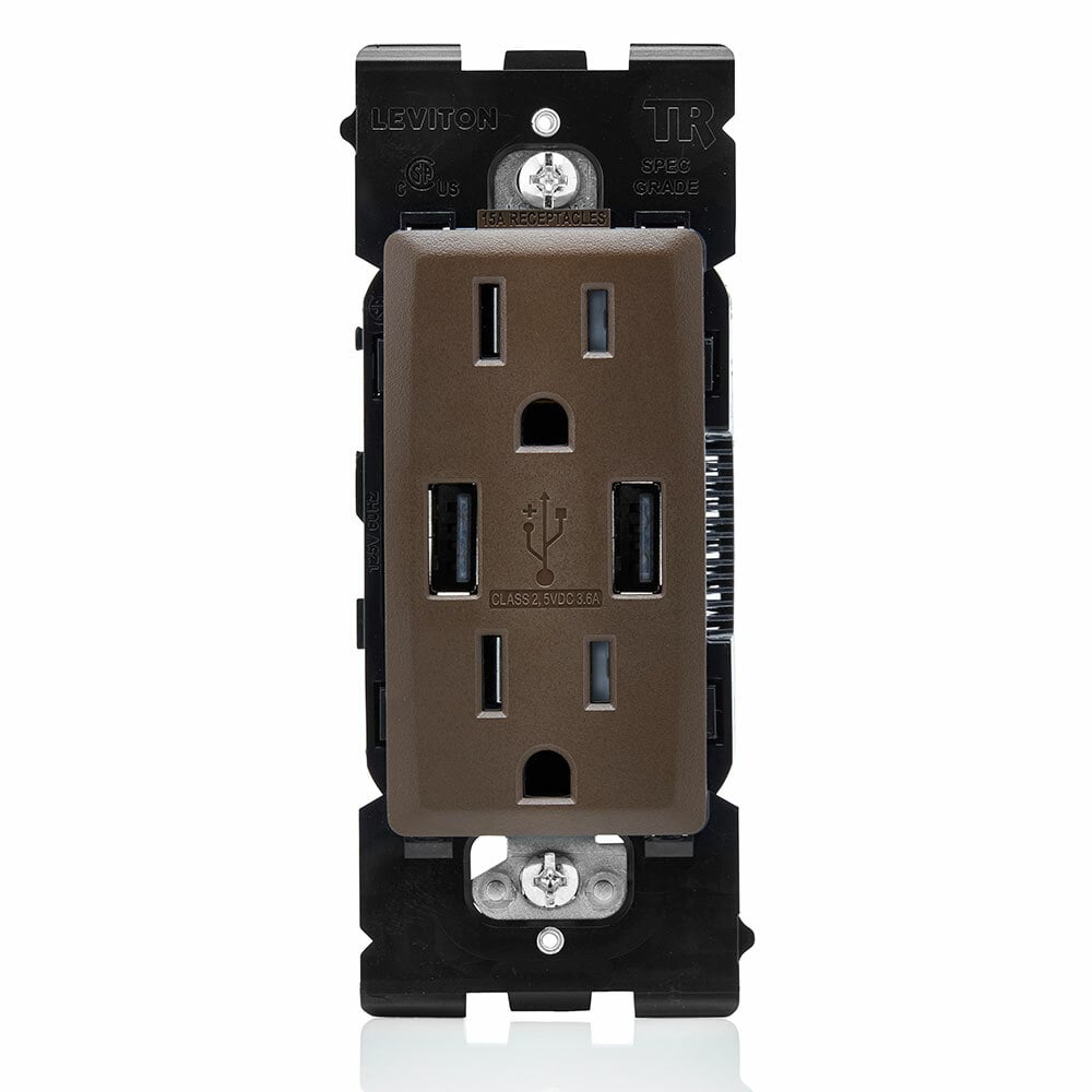 RUAA1-WB Renu Combination Tamper-Resistant Duplex Receptacle and USB Charger, 125 V AC, 15 A, Walnut Bark