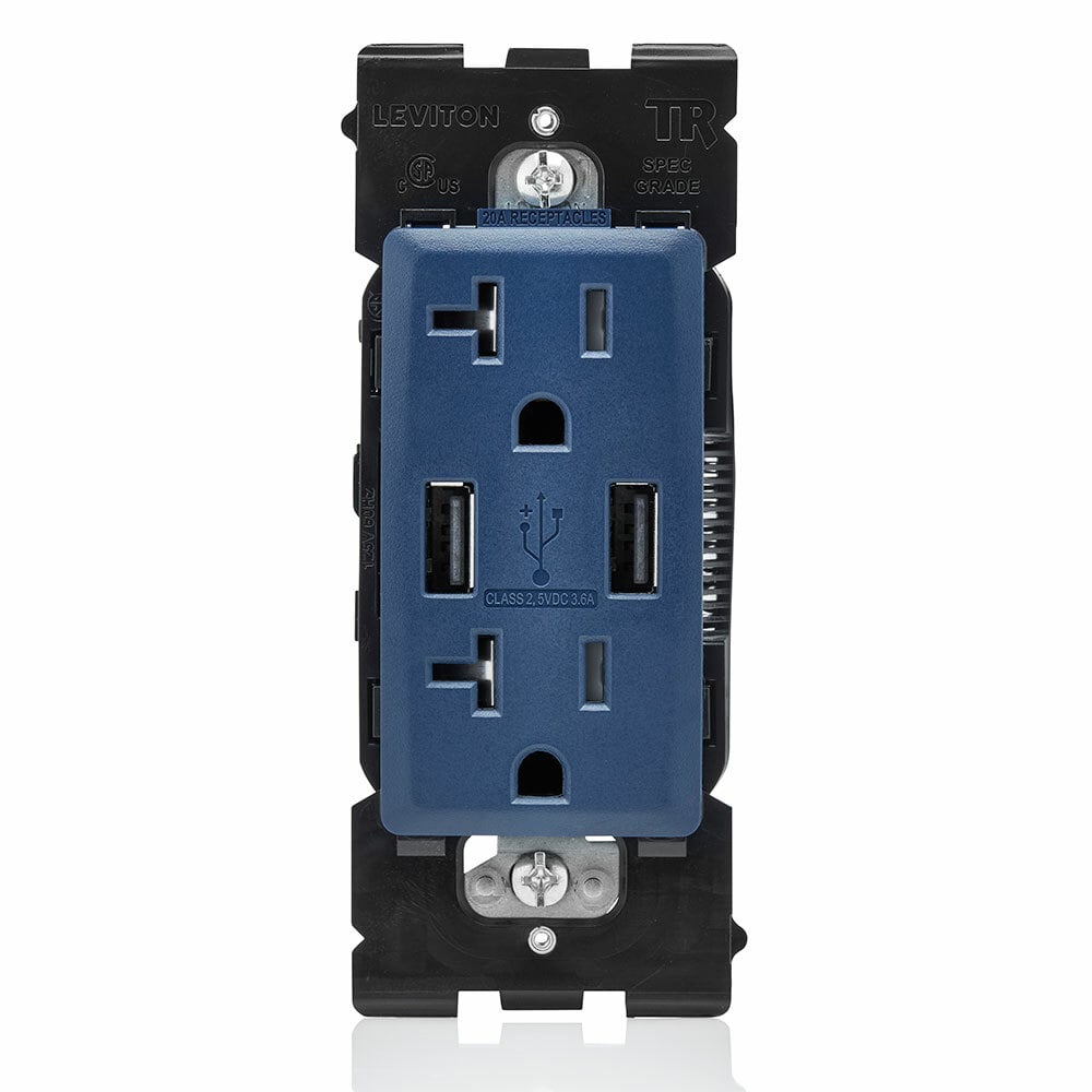 Combination Duplex Receptacle/Outlet and USB Charger. 20 Amp, 125 Volt, Renu Tamper-Resistant Receptacle/Outlet, NEMA 5-20R. 3.6 Amps, 5VDC, 2.0 Type A USB Chargers. Grounding, Side Wired  - Back Wired  - Rich Navy
