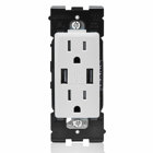 Combination Duplex Receptacle/Outlet and USB Charger. 15 Amp, 125 Volt, Renu Tamper-Resistant Receptacle/Outlet, NEMA 5-15R. 3.6 Amps, 5VDC, 2.0 Type A USB Chargers. Grounding, Side Wired  - Back Wired  - White on White