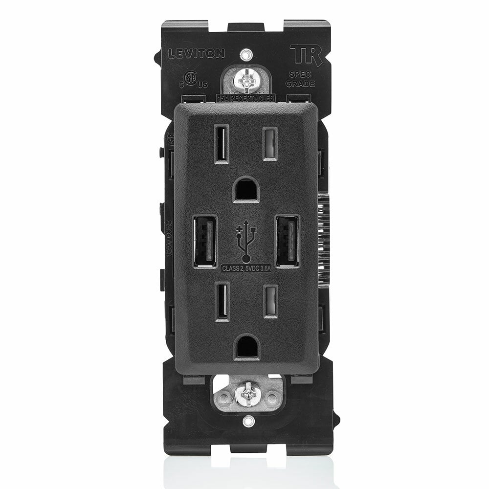 Combination Duplex Receptacle/Outlet and USB Charger. 15 Amp, 125 Volt, Renu Tamper-Resistant Receptacle/Outlet, NEMA 5-15R. 3.6 Amps, 5VDC, 2.0 Type A USB Chargers. Grounding, Side Wired  - Back Wired  - Onyx Black