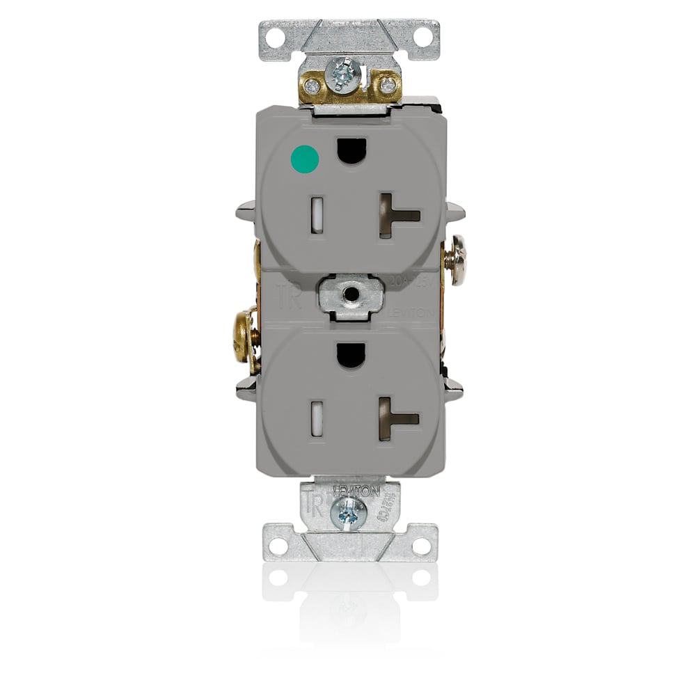 Duplex Receptacle Outlet, Heavy-Duty Hospital Grade, Tamper-Resistant, Smooth Face, 20 Amp, 125 Volt, Back or Side Wire, NEMA 5-20R, 2-Pole, 3-Wire, Self-Grounding - Gray