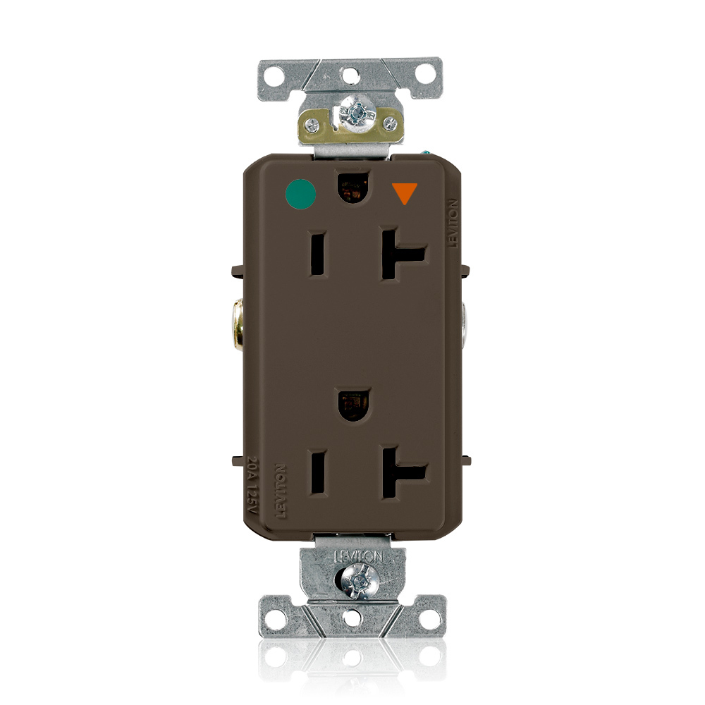 Decora Plus Isolated Ground Duplex Receptacle Outlet, Heavy-Duty Hospital Grade, Smooth Face, 20 Amp, 125 Volt, Back or Side Wire, NEMA 5-20R, 2-Pole, 3-Wire, Self-Grounding - Brown