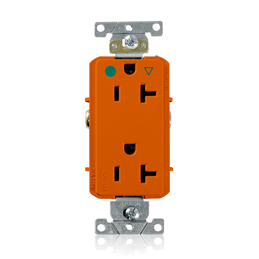 Isolated Ground Duplex Receptacle Outlet, Heavy-Duty Hospital Grade, Smooth Face, 20 Amp, 125 Volt, Back or Side Wire, NEMA 5-20R, 2-Pole, 3-Wire, Self-Grounding - Orange