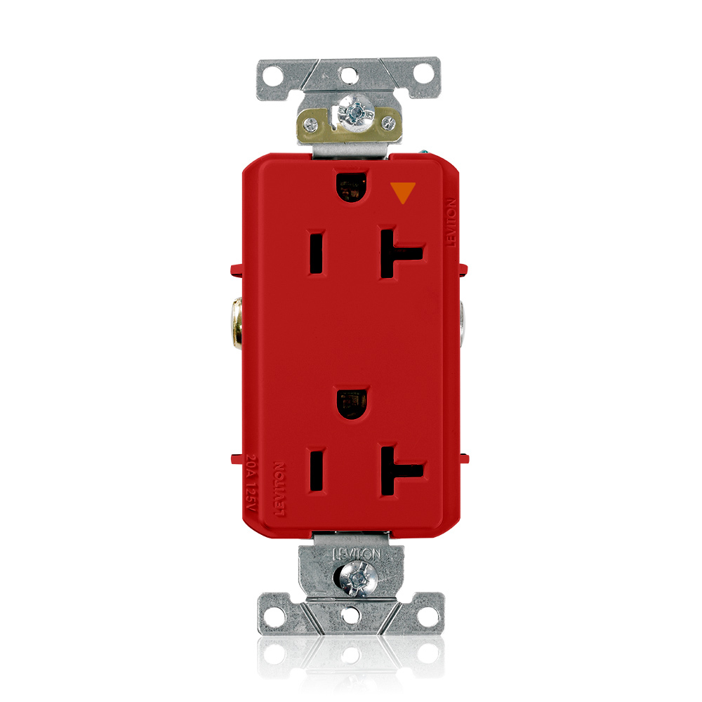Decora Plus Isolated Ground Duplex Receptacle Outlet, Heavy-Duty Industrial Specification Grade, Smooth Face, 20 Amp, 125 Volt, Back or Side Wire, NEMA 5-20R, 2-Pole, 3-Wire, Self-Grounding - Red