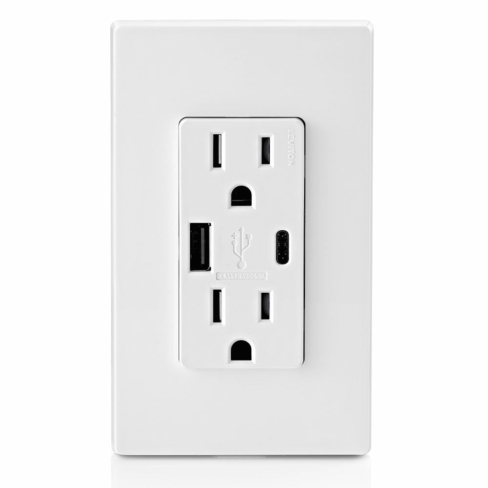 Combination Duplex Receptacle/Outlet and USB Charger. 15 Amp, 125 Volt, Decora Tamper Resistant Receptacle/Outlet, NEMA 5-15R. 5.1 Amps, 5VDC, 2.0 Type A and Type-C USB Chargers. Grounding, Side Wired & Back Wired - White