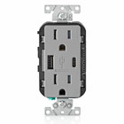 Combination Duplex Receptacle/Outlet and USB Charger. 15 Amp, 125 Volt, Decora Tamper Resistant Receptacle/Outlet, NEMA 5-15R. 5.1 Amps, 5VDC, 2.0 Type A and Type-C USB Chargers. Grounding, Side Wired & Back Wired - Gray