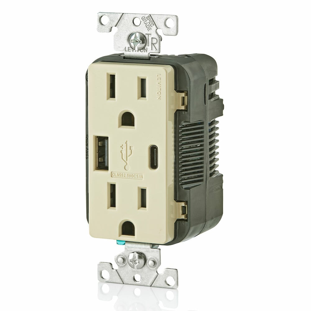 Combination Duplex Receptacle/Outlet and USB Charger. 15 Amp, 125 Volt, Decora Tamper Resistant Receptacle/Outlet, NEMA 5-15R. 5.1 Amps, 5VDC, 2.0 Type A and Type-C USB Chargers. Grounding, Side Wired & Back Wired - Ivory