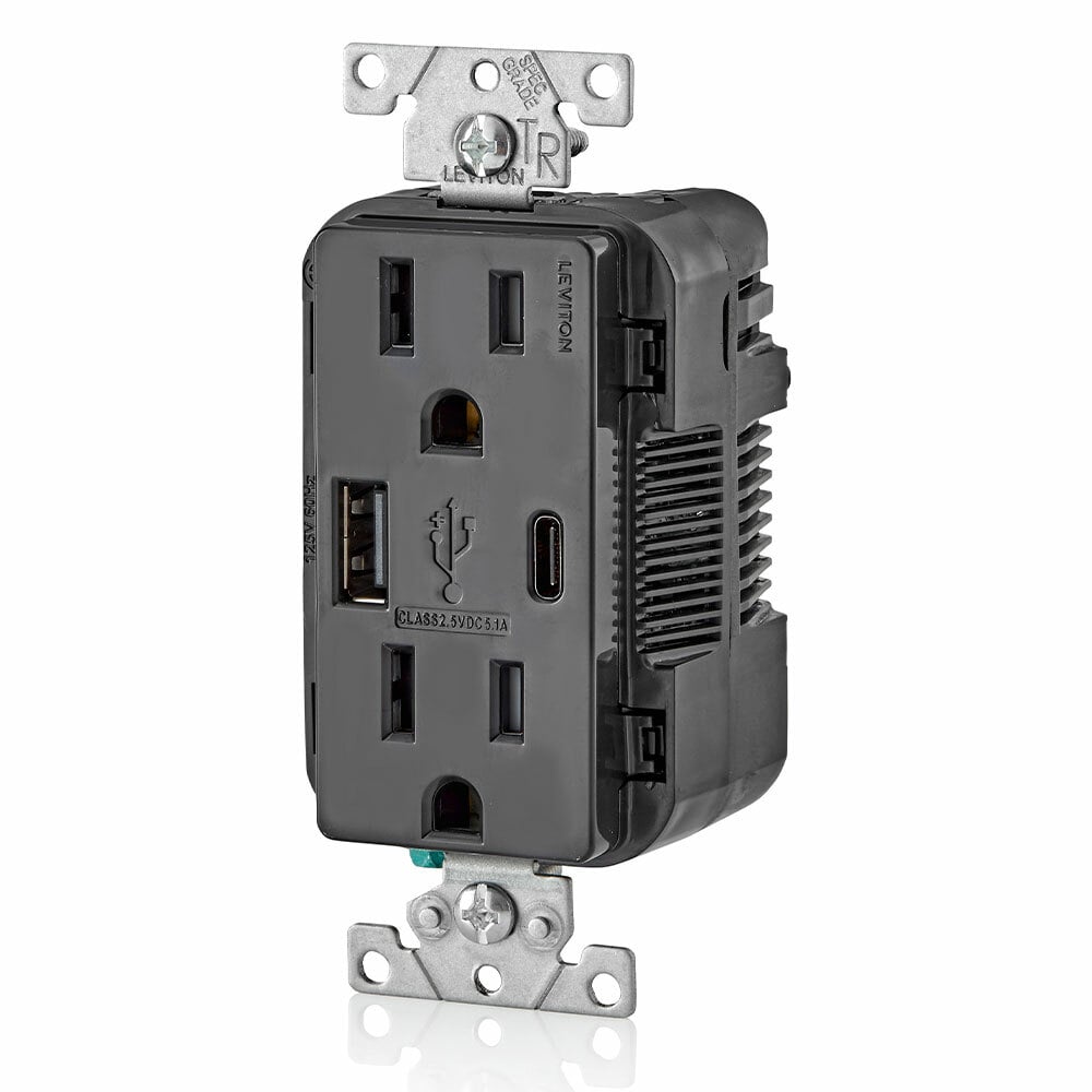 Combination Duplex Receptacle/Outlet and USB Charger. 15 Amp, 125 Volt, Decora Tamper Resistant Receptacle/Outlet, NEMA 5-15R. 5.1 Amps, 5VDC, 2.0 Type A and Type-C USB Chargers. Grounding, Side Wired & Back Wired - Black