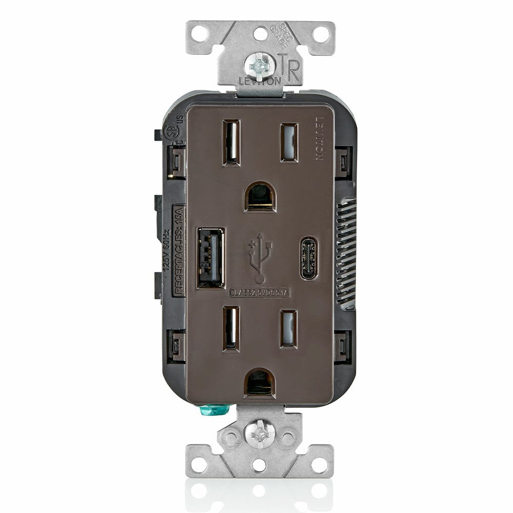 Combination Duplex Receptacle/Outlet and USB Charger. 15 Amp, 125 Volt, Decora Tamper Resistant Receptacle/Outlet, NEMA 5-15R. 5.1 Amps, 5VDC, 2.0 Type A and Type-C USB Chargers. Grounding, Side Wired & Back Wired - Brown