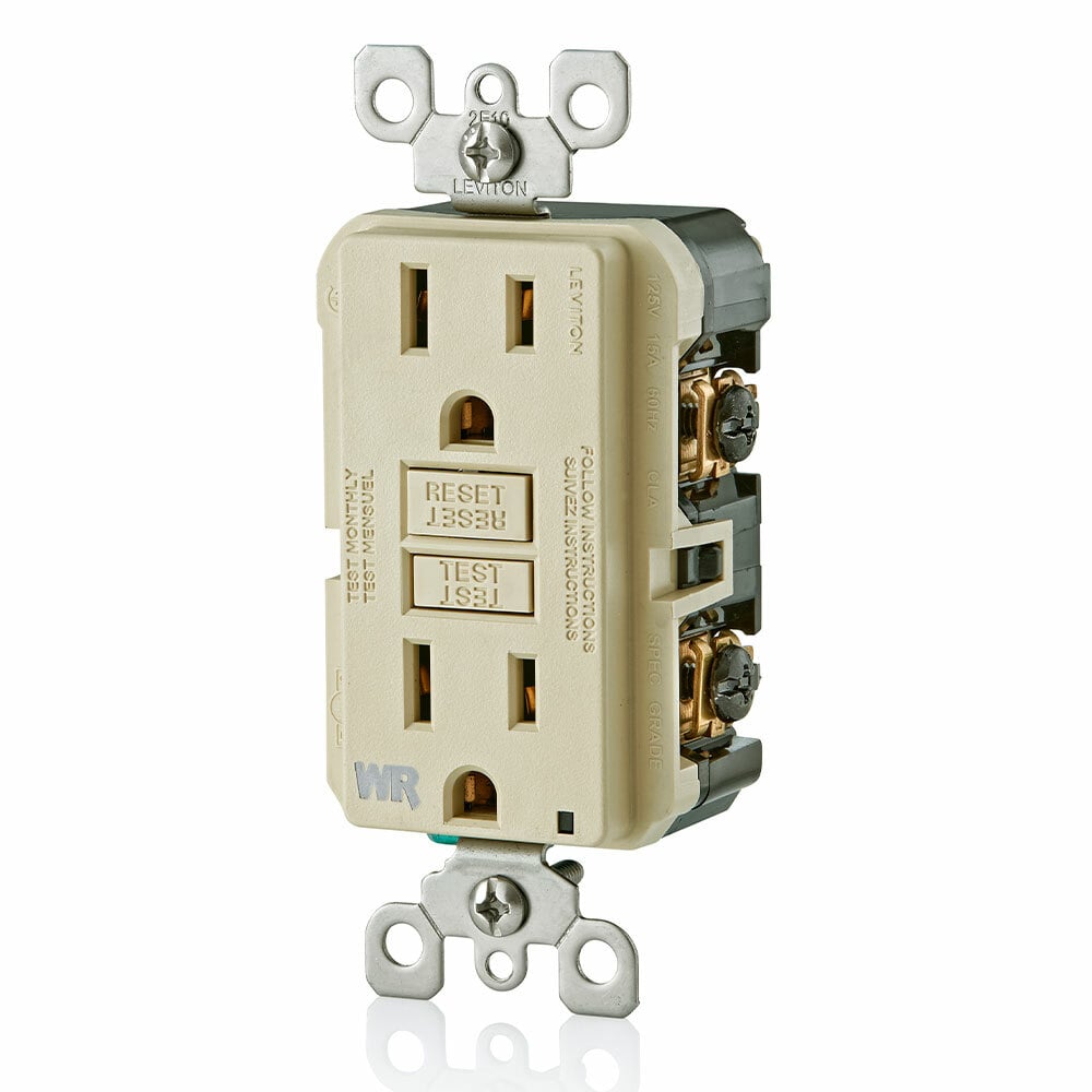 15 Amp, 125 Volt Receptacle/Outlet, 20 Amp Feed-Through, Self-test SmartlockPro Slim Weather-Resistant GFCI, Monochromatic, back and side wired, wallplate/faceplate sold separately - Ivory