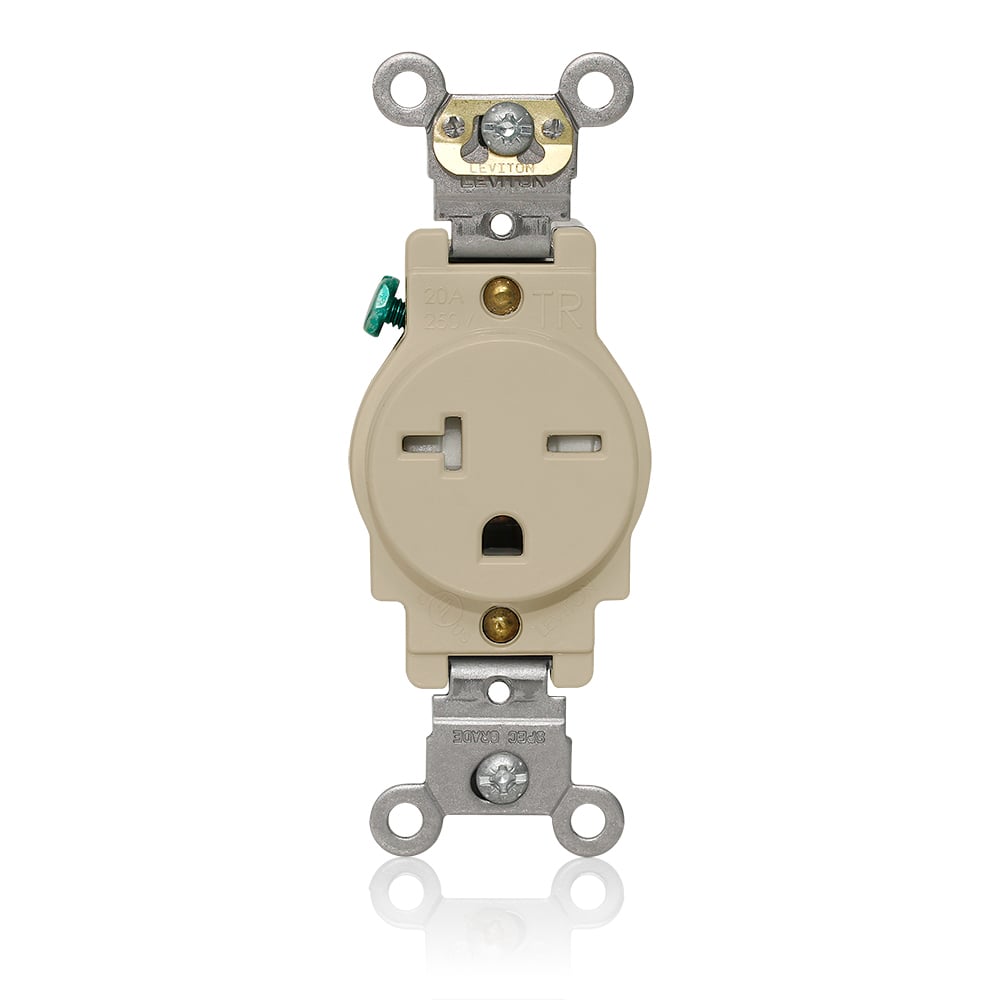 Single Receptacle Outlet, Heavy-Duty Industrial Specification Grade, Tamper-Resistant, Smooth Face, 20 Amp, 250 Volt, Back and Side Wire, NEMA 6-20R, 2-Pole, 3-Wire, Self-Grounding - Ivory