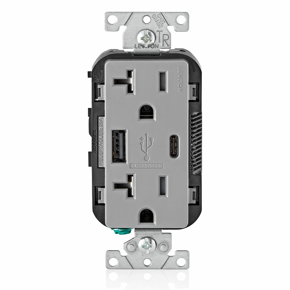 Comb0 Duplex Recept Outlet and USB Charger. 20 Amp, 125 Volt, Decora Tamper-Resistant Receptacle Outlet, NEMA 5-20R. 5.1 Amps, 5VDC, 2.0 Type A and Type-C USB Chargers. Grounding, Side Wired & Back Wired - Gray