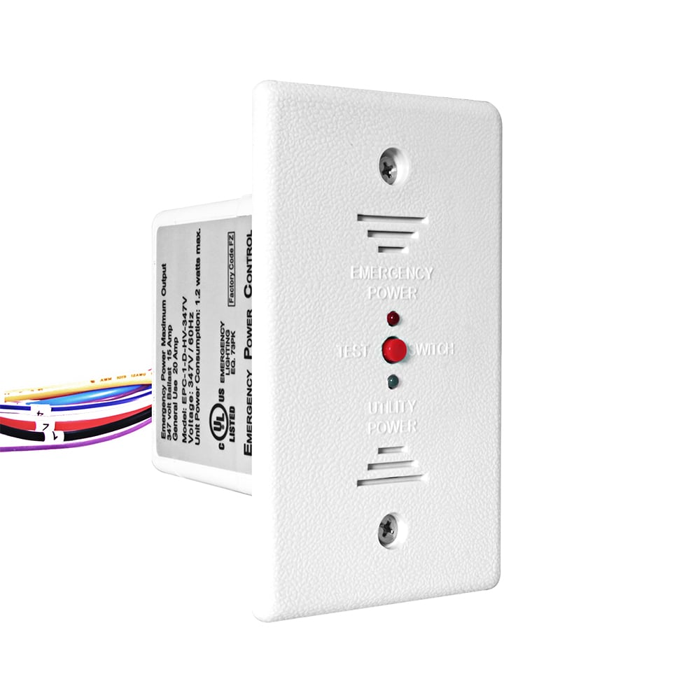 Emergency Power Dimmer Control with automatic diagnostic and manual test features for 4 wire dimmable loads (0-10V and Low Voltage Digital Dimming). Allows switching and dimming of designated emergency luminaires during normal operation and automatically brings emergency luminaires to full brightness during a utility power interruption. 120-277V 50-60Hz, 20A magnetic ballast, 16A electronic ballast. Can be mounted flush or above a suspended ceiling. UL924