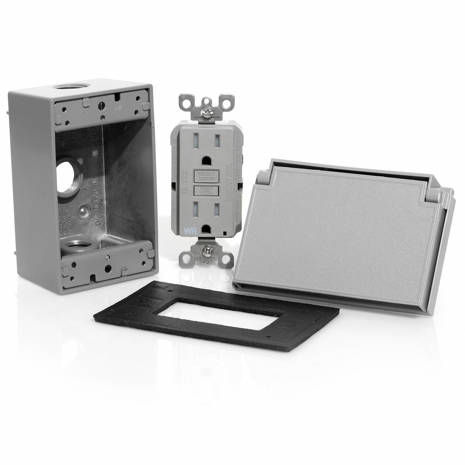 Weatherproof Kit Assembly Consisting of One Self-Test Tamper-Resistant, Weather-Resistant Slim GFCI Receptacle (GFTW1-GY); Lighted NEMA 5-15R, 15A-125V @ Receptacle, Grey w/ Grey Test and Reset Button, One Horizontal Outdoor Coverplate with Self-Closing Cover (4996-GY). One Aluminum Box (1GM53).