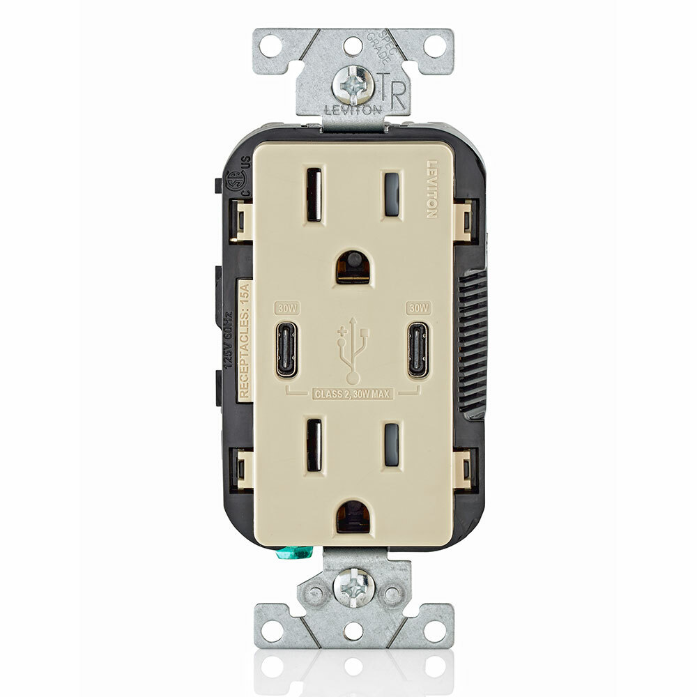 15 Amp, 125 Volt, Decora Tamper-Resistant Outlet. NEMA 5-15R, 30W 6 Amps, Dual Type-C C PD&nbsp USB Chargers, Grounding, Side Wired   Back Wired - Ivory