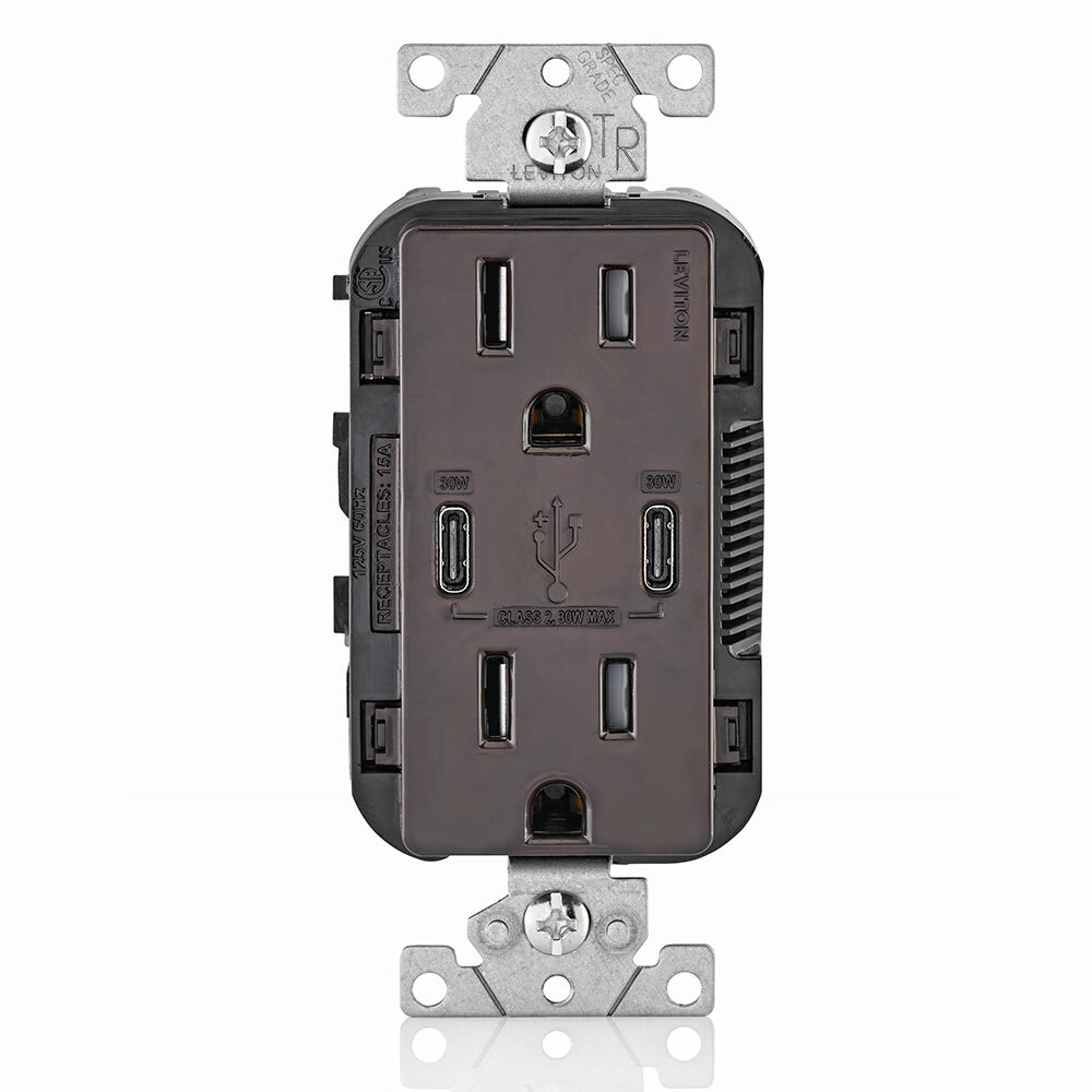 15 Amp, 125 Volt, Decora Tamper-Resistant Outlet. NEMA 5-15R, 30W 6 Amps, Dual Type-C C PD&nbsp USB Chargers, Grounding, Side Wired   Back Wired - Brown