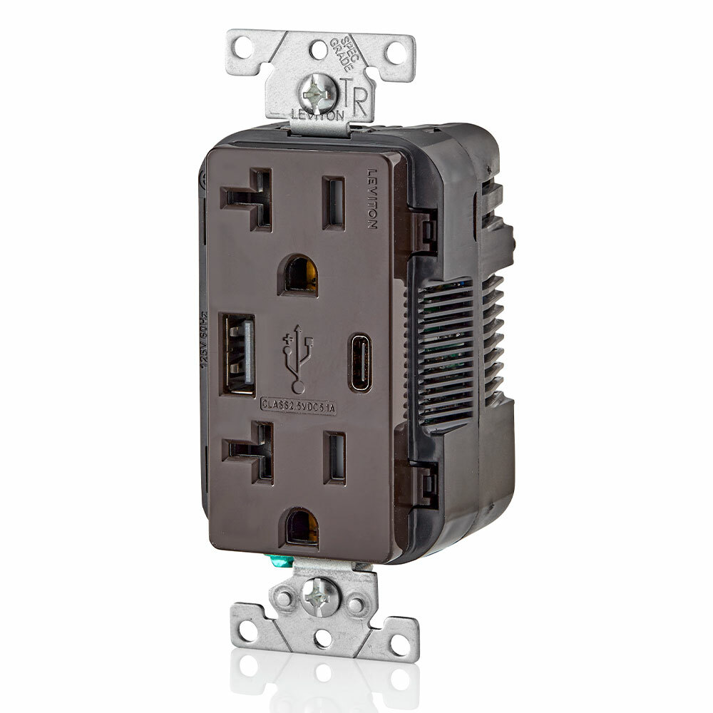Combination Duplex Receptacle Outlet and USB Charger. 20 Amp, 125 Volt, Decora Tamper-Resistant Receptacle Outlet, NEMA 5-20R. 5.1 Amps, 5VDC, 2.0 Type A and Type-C USB Chargers. Grounding, Side Wired   Back Wired - Brown