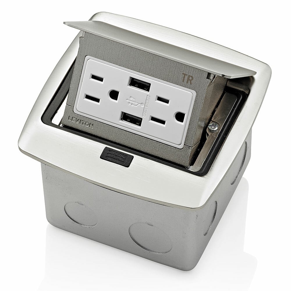 Pop-Up Floor Box with Combination Duplex Receptacle Outlet and USB charger.  15 Amp, 125 Volt, Decora Tamper-Resistant Receptacle Outlet, NEMA 5-15R, 3.6 Amps, 5VDC, 2.0 Type A USB Charger that is Pre-Wired to Terminal Block - Brushed Nickel