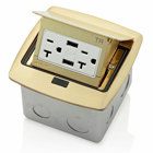 Pop-Up Floor Box with Combination Duplex Receptacle Outlet and USB charger.  20 Amp, 125 Volt, Decora Tamper-Resistant Receptacle Outlet, NEMA 5-20R, 3.6 Amps, 5VDC, 2.0 Type A USB Charger that is Pre-Wired to Terminal Block - Brass