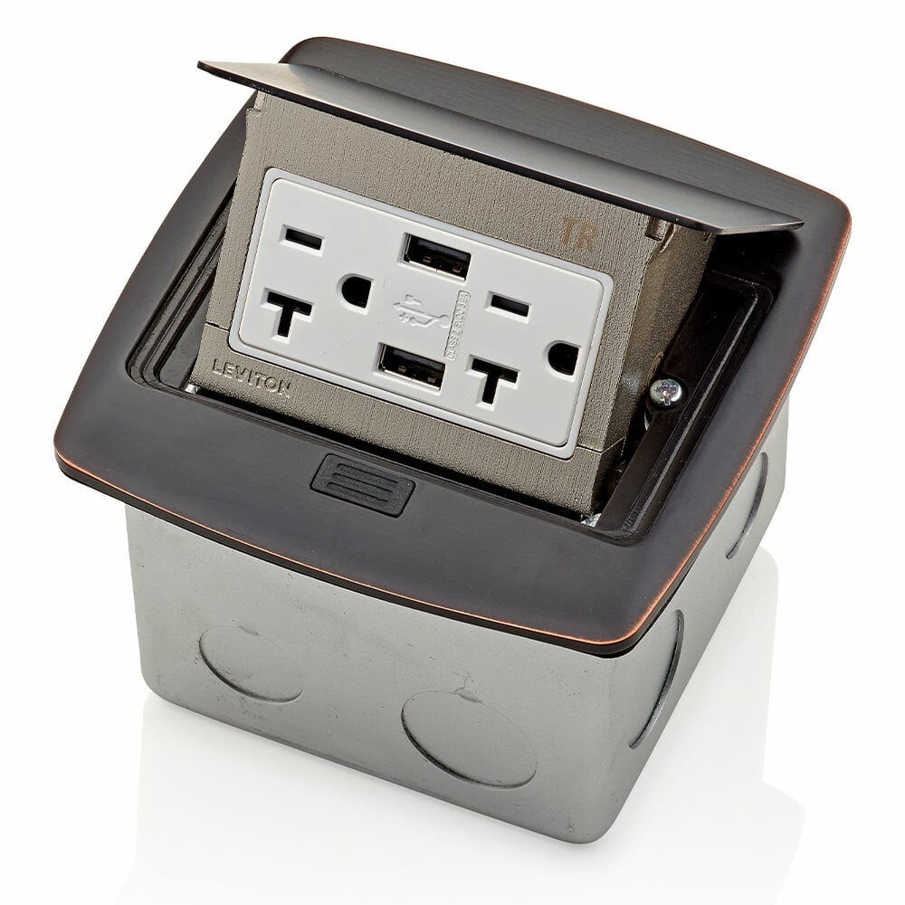Pop-Up Floor Box with Combination Duplex Receptacle Outlet and USB charger.  20 Amp, 125 Volt, Decora Tamper-Resistant Receptacle Outlet, NEMA 5-20R, 3.6 Amps, 5VDC, 2.0 Type A USB Charger that is Pre-Wired to Terminal Block - Bronze