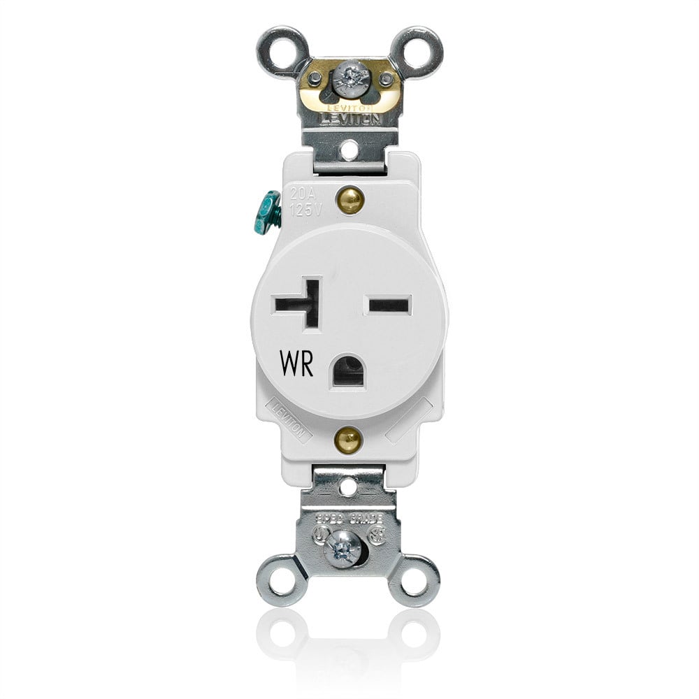 Single Receptacle Outlet, Heavy-Duty Industrial Specification Grade, Weather-Resistant, Smooth Face, 20 Amp, 250 Volt, Back or Side Wire, NEMA 6-20R, 2-Pole, 3-Wire, Self-Grounding - White