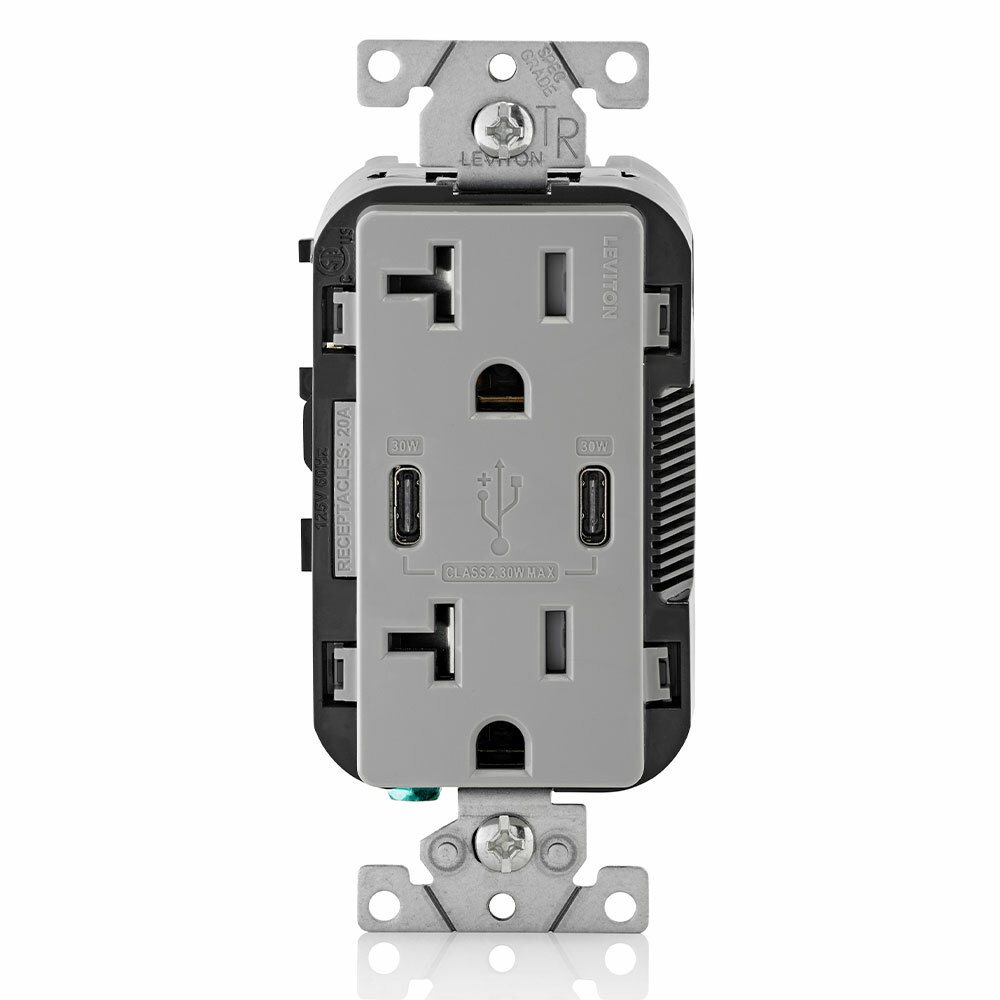 COMBO DUPLEX DECORA RECEPTACLE AND DUAL TYPE C-PD USB CHARGER. 20A-125V, 2 POLE, 3-WIRE GROUNDING DECORA TAMPER RESISTANT RECEPTACLE. COF GRAY.