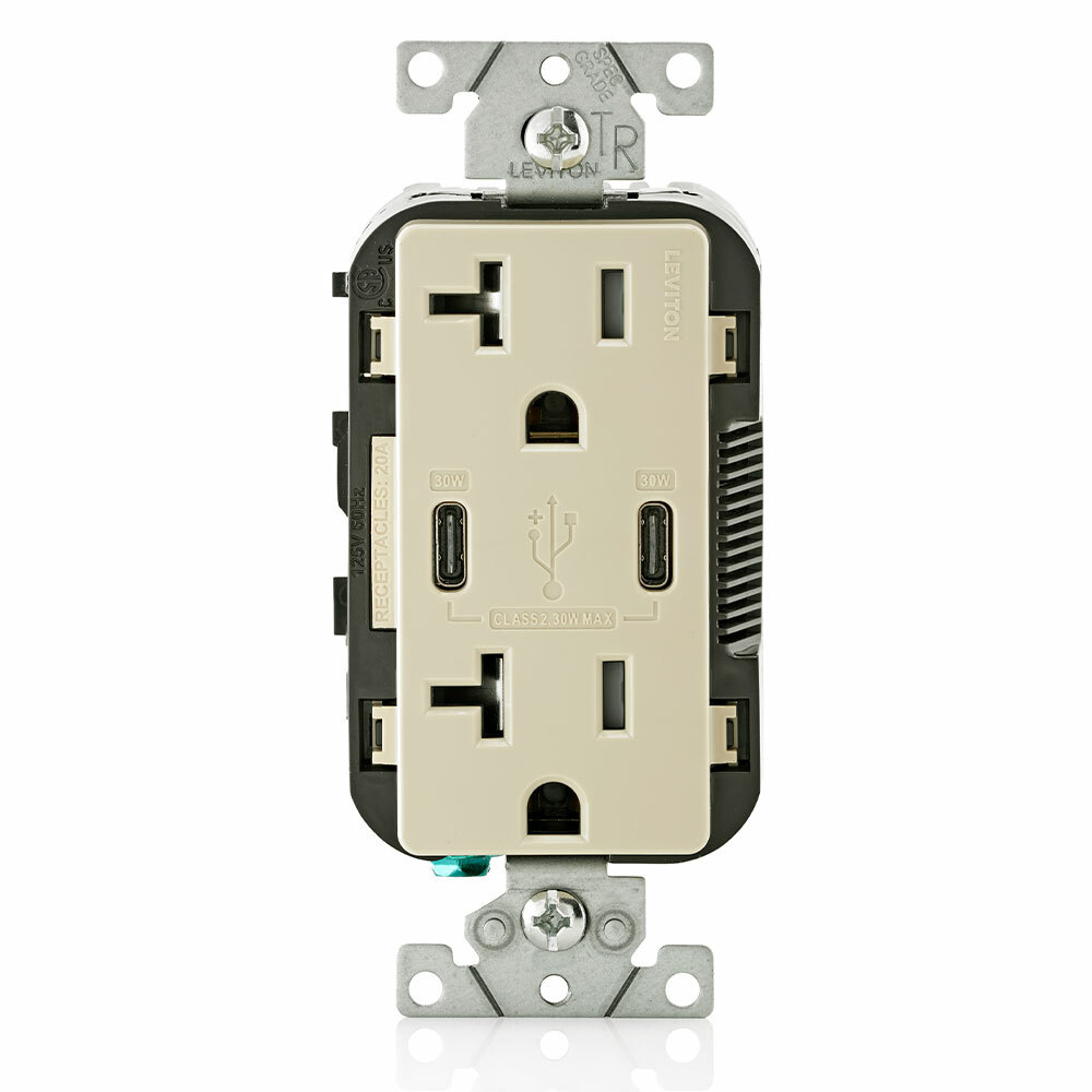 COMBO DUPLEX DECORA RECEPTACLE AND DUAL TYPE C-PD USB CHARGER. 20A-125V, 2 POLE, 3-WIRE GROUNDING DECORA TAMPER RESISTANT RECEPTACLE. COF IVORY.