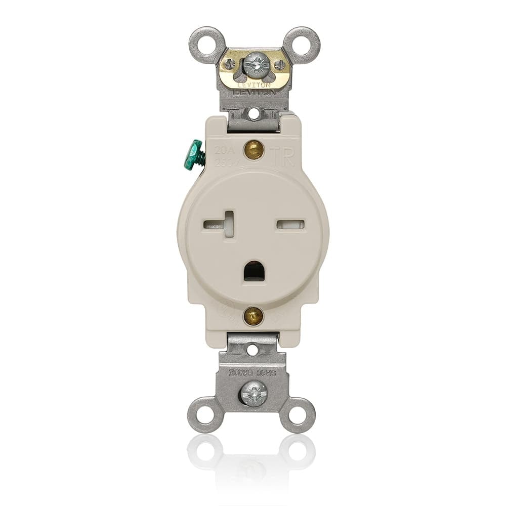 Single Receptacle Outlet, Heavy-Duty Industrial Specification Grade, Tamper-Resistant, Smooth Face, 20 Amp, 250 Volt, Back and Side Wire, NEMA 6-20R, 2-Pole, 3-Wire, Self-Grounding - Light Almond