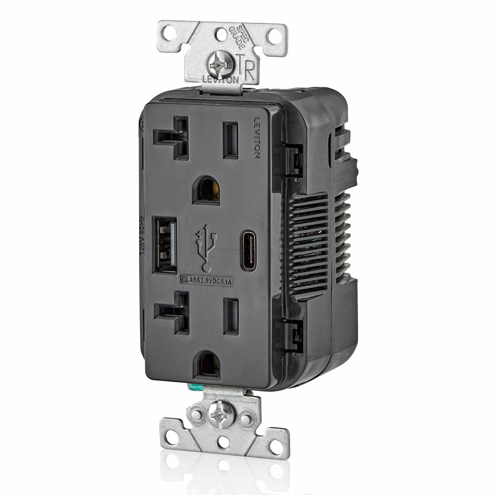 Combination Duplex Receptacle-Outlet and USB Charger. 20 Amp, 125 Volt, Decora Tamper-Resistant Receptacle-Outlet, NEMA 5-20R. 5.1 Amps, 5VDC, 2.0 Type A and Type-C USB Chargers. Grounding, Side Wired, Back Wired - Black