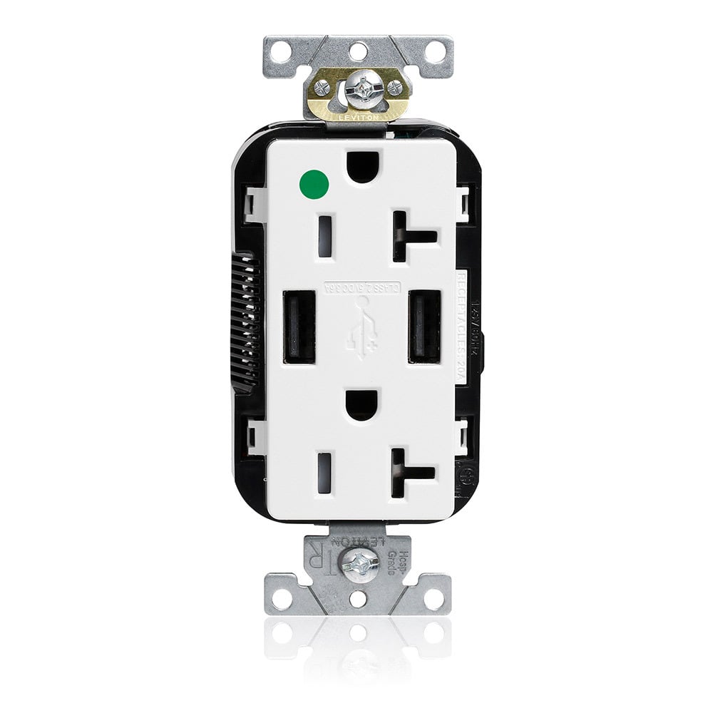 Lev-Lok Combination Tamper-Resistant Duplex Decora Receptacle and Dual-Port USB Type A-A Charger, NEMA 5-20R, 20A-125V, 2 Pole, 3-Wire Grounding Receptacle - White