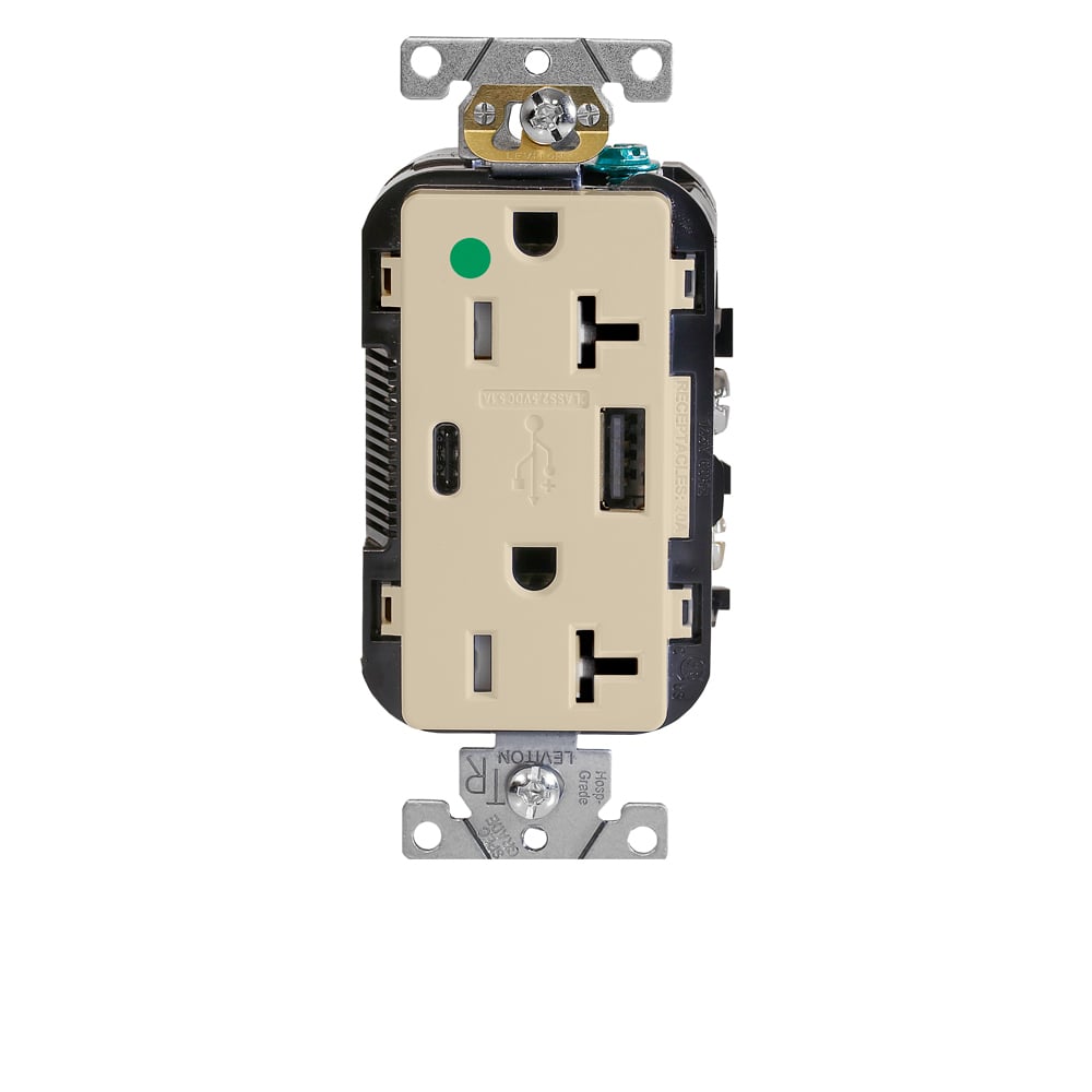 COMBINATION HOSPITAL GRADE DUPLEX DECORA TAMPER-RESISTANT RECEPTACLE AND USB CHARGER TYPE A-C. 20A-125V, 2 POLE, 3-WIRE GROUNDING. COF IVORY. NEMA 5-20R ONE TYPE-C AND ONE TYPE-A USB CONNECTORS