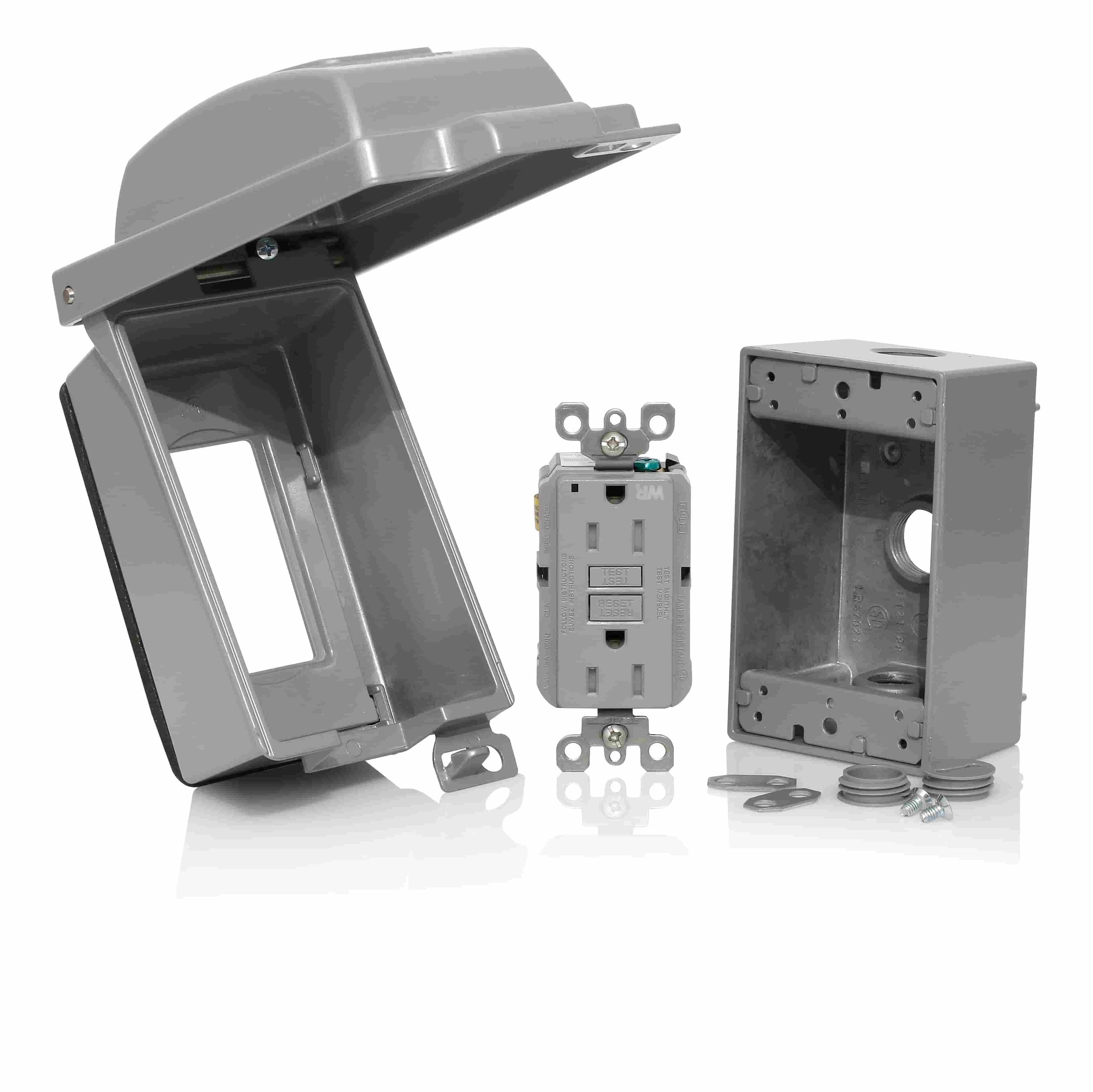 Weatherproof Kit Assembly Consisting of One Self-Test Tamper-Resistant Weather-Resistant Slim GFCI Receptacle (GFWT1-0GY), 20A-125V Feed-Through, One Vertical Outdoor WIU Coverplate with Self-Closing Cover (IUM1V-0GY), and One Aluminum Box