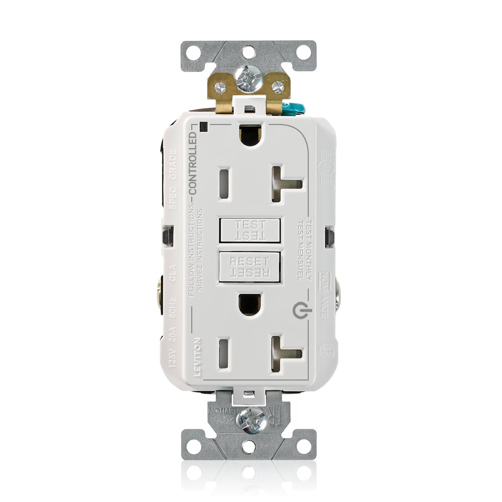 2 Plug Marked Controlled SmartlockPro GFCI Decora Duplex Receptacle Outlet, Extra Heavy-Duty Industrial Grade Tamper-Resistant, Power Indication, 20 Amp, 125 Volt, Back or Side Wire, NEMA 5-20R, 2-Pole, 3-Wire, Self-Grounding, White