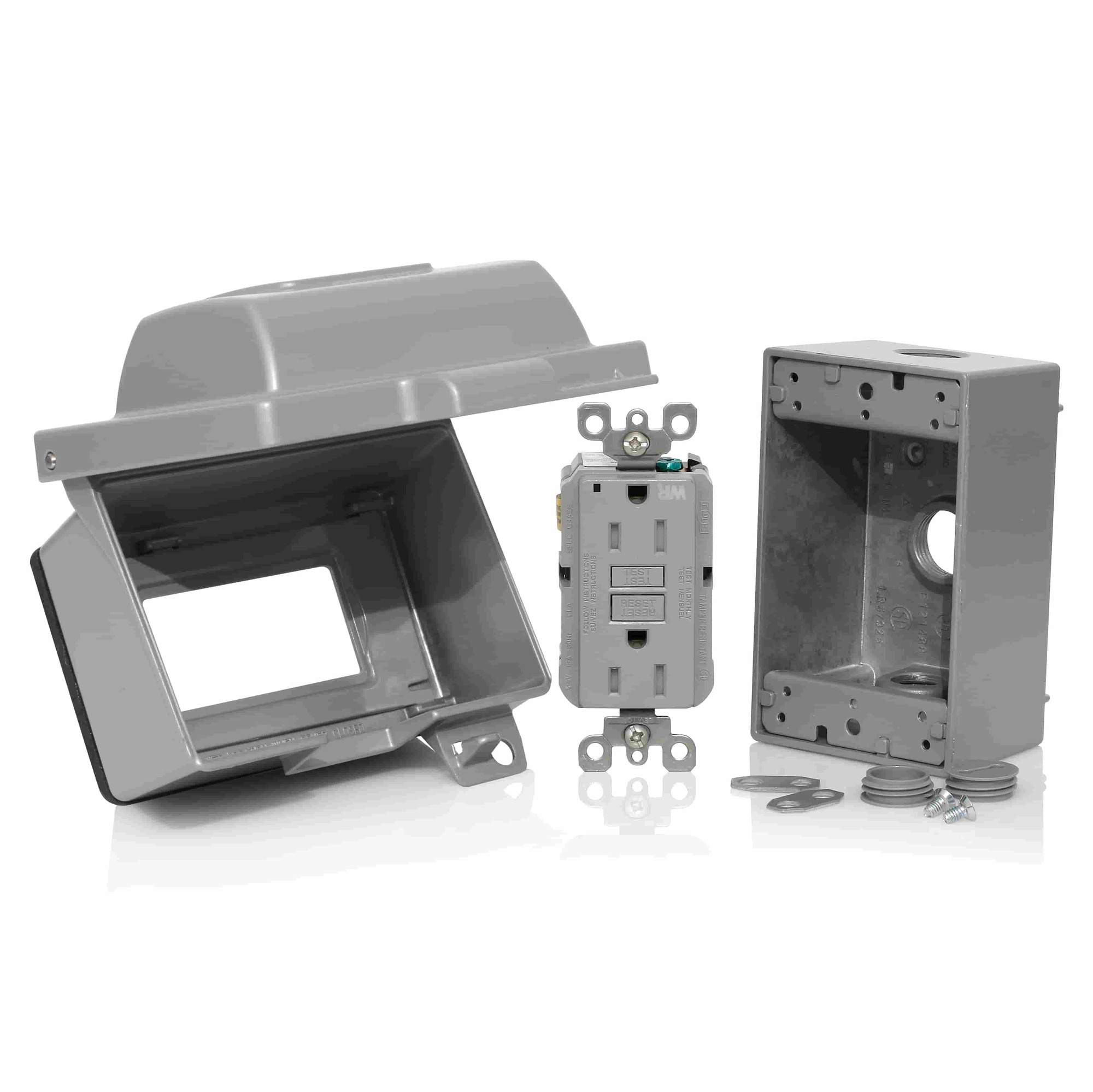 Weatherproof Kit Assembly Consisting of One Self-Test Tamper-Resistant Weather-Resistant Slim GFCI Receptacle (GFWT1-0GY) 20A-125V Feed-Through, One Horizontal Outdoor WIU Coverplate with Self-Closing Cover (IUM1H-0GY), and Aluminum Box