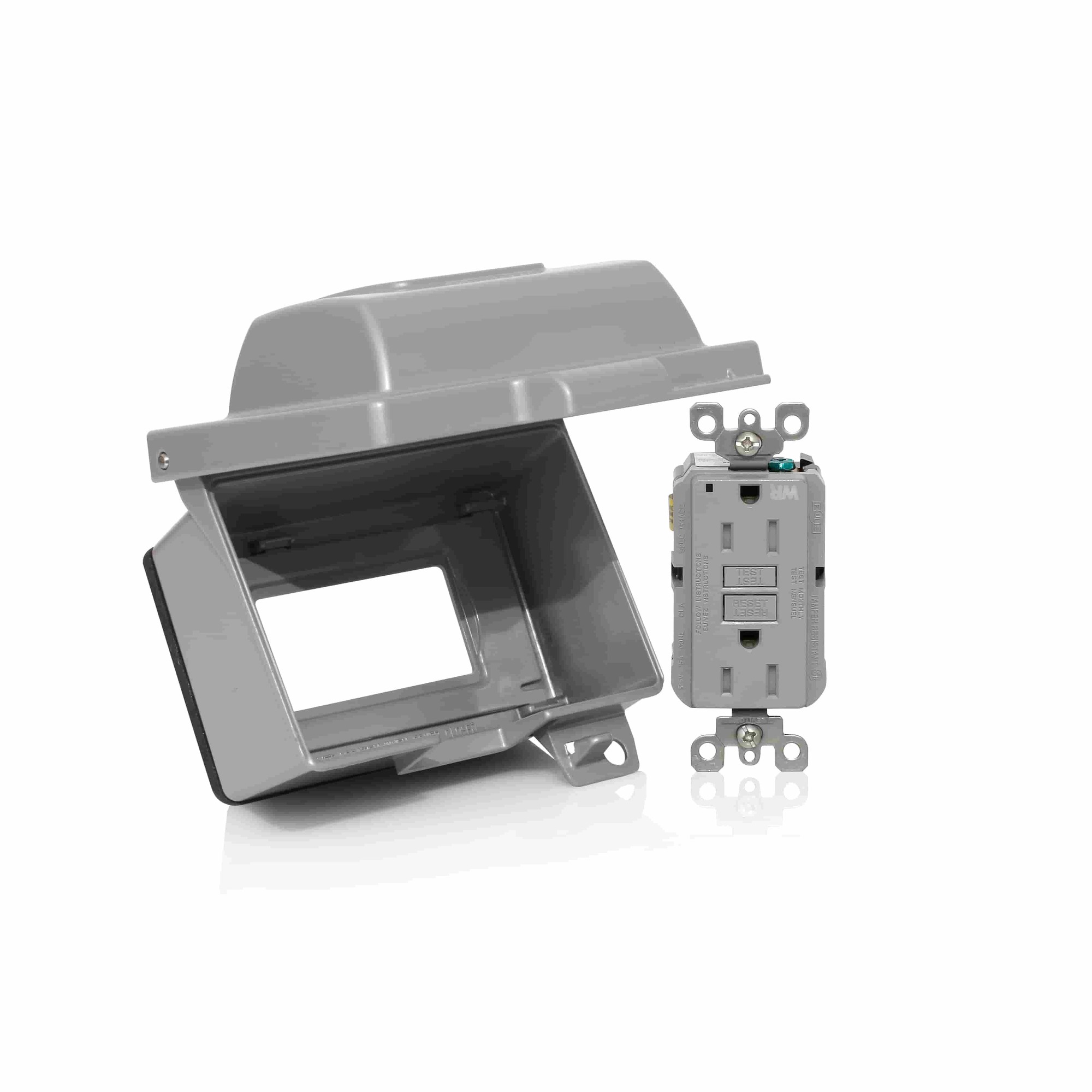 Weatherproof Kit Assembly Consisting of One Self-Test Tamper-Resistant Weather-Resistant Slim GFCI Receptacle (GFWT1-0GY), 20A-125V Feed-Through, and Horizontal Outdoor WIU Coverplate with Self-Closing Cover (IUM1H-0GY)