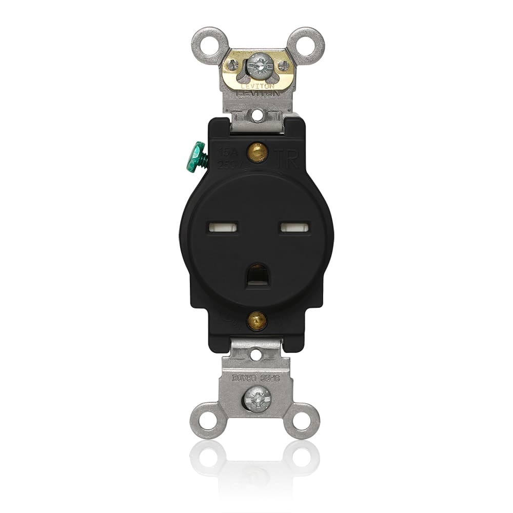 Single Receptacle Outlet, Heavy-Duty Industrial Specification Grade,  Tamper-Resistant, Smooth Face, 15 Amp, 250 Volt, Back and Side Wire, NEMA 6-15R, 2-Pole, 3-Wire, Self-Grounding - Black