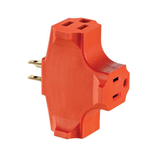 HEAVY DUTY, GROUNDED TRIPLE OUTLET ADAPTER, 15A-125V, COF Orange