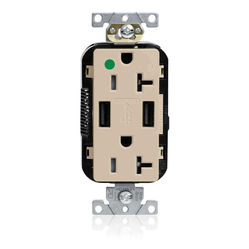 Lev-Lok Combination Tamper-Resistant Duplex Hospital GradeDecora Receptacle and Dual-Port USB Type A-A Charger, NEMA 5-20R, 20A-125V, 2 Pole, 3-Wire Grounding Receptacle - Ivory