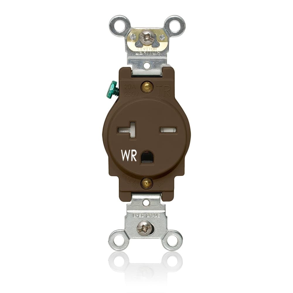 Single Receptacle Outlet, Heavy-Duty Industrial Specification Grade, Weather- and Tamper-Resistant, Smooth Face, 20 Amp, 250 Volt, Back and Side Wire, NEMA 6-20R, 2-Pole, 3-Wire, Self-Grounding - Brown