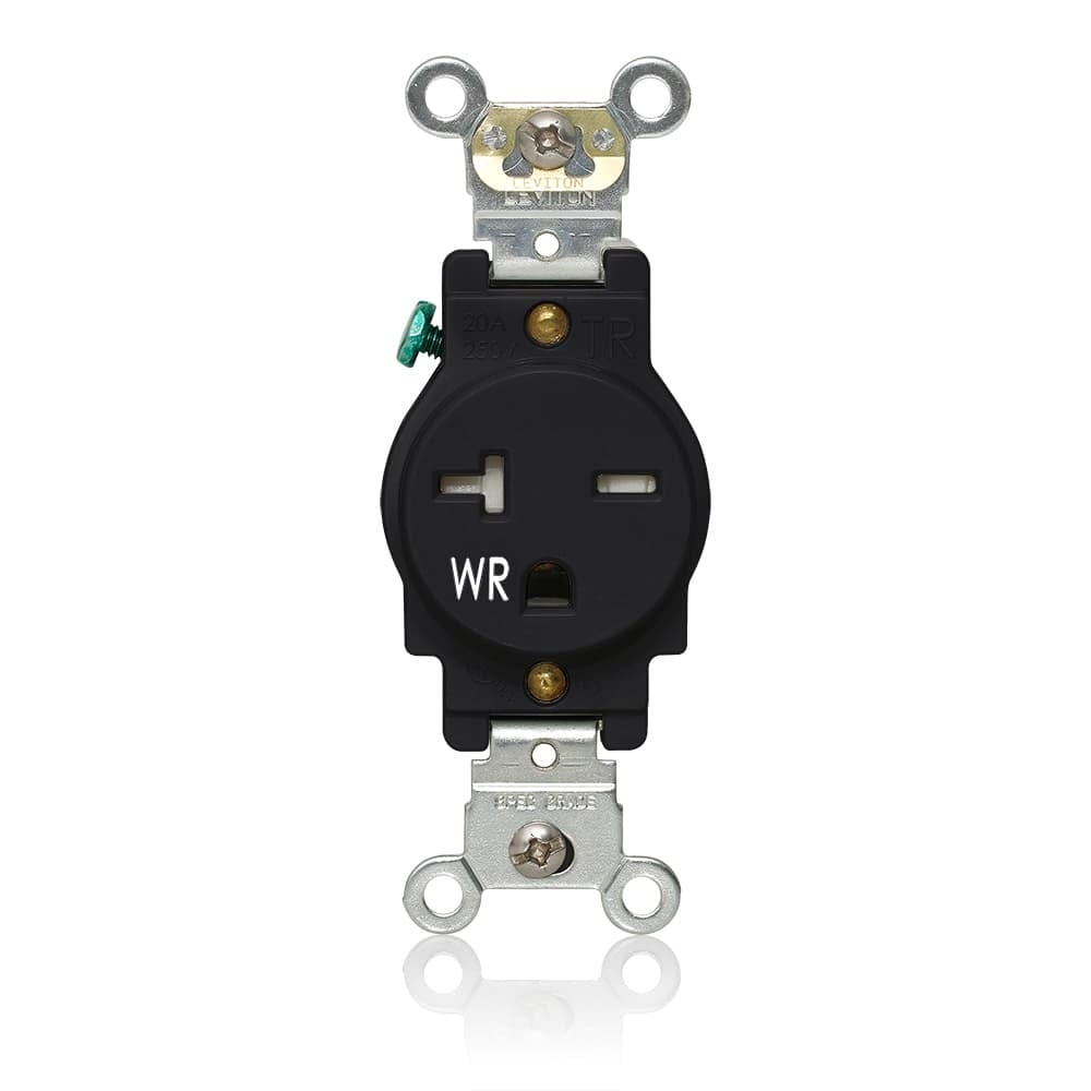 Single Receptacle Outlet, Heavy-Duty Industrial Specification Grade, Weather- and Tamper-Resistant, Smooth Face, 20 Amp, 250 Volt, Back and Side Wire, NEMA 6-20R, 2-Pole, 3-Wire, Self-Grounding - Black