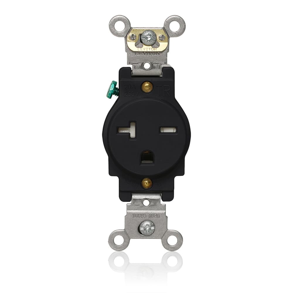Single Receptacle Outlet, Heavy-Duty Industrial Specification Grade, Tamper-Resistant, Smooth Face, 20 Amp, 250 Volt, Back and Side Wire, NEMA 6-20R, 2-Pole, 3-Wire, Self-Grounding - Black