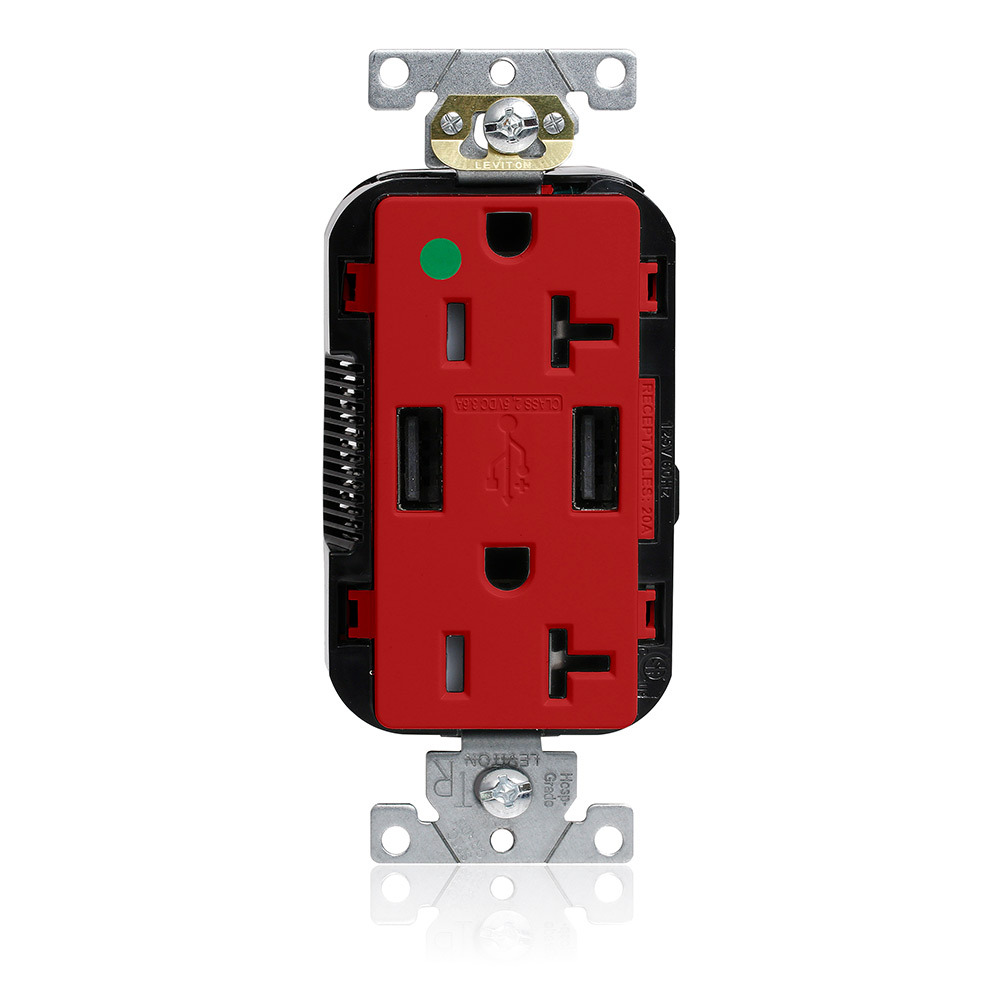 Lev-Lok Combination Tamper-Resistant Duplex Decora Receptacle and Dual-Port USB Type A-A Charger, NEMA 5-20R, 20A-125V, 2 Pole, 3-Wire Grounding Receptacle  - Red