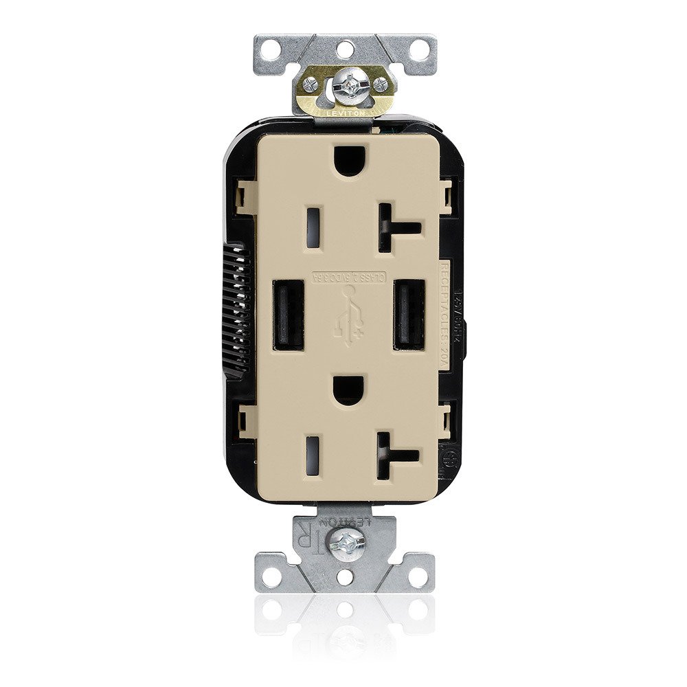 Lev-Lok Combination Tamper-Resistant Duplex Decora Receptacle and Dual-Port USB Type A-A Charger, NEMA 5-20R, 20A-125V, 2 Pole, 3-Wire Grounding Receptacle  - Ivory