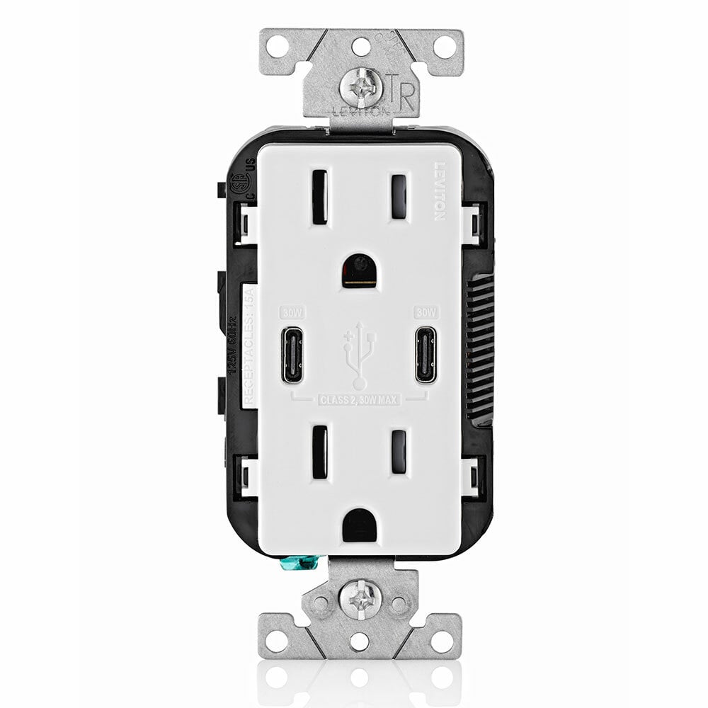 15 Amp, 125 Volt, Decora Tamper-Resistant Outlet. NEMA 5-15R, 30W (6 Amps), Dual Type-C/C Power Delivery USB Chargers, Grounding, Side Wired  - Back Wired - White