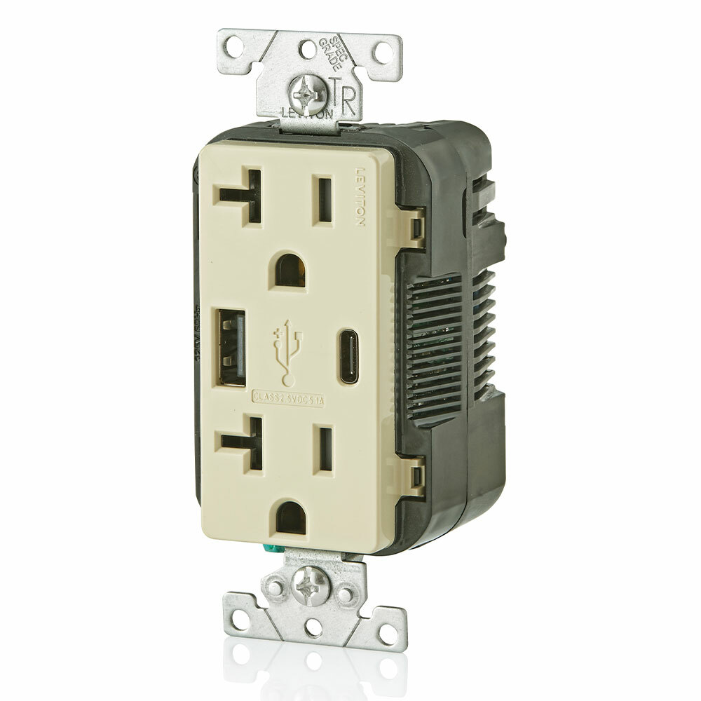 Combination Duplex Receptacle/Outlet and USB Charger. 20 Amp, 125 Volt, Decora Tamper-Resistant Receptacle/Outlet, NEMA 5-20R. 5.1 Amps, 5VDC, 2.0 Type A and Type-C USB Chargers. Grounding, Side Wired  - Back Wired - Ivory