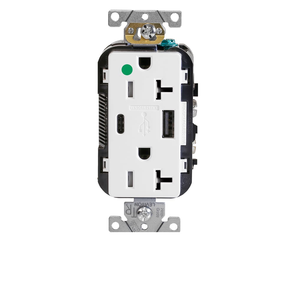 Decora Plus Duplex Receptacle Outlet, Heavy-Duty Hospital Grade, Tamper Resistant, with USB, One Type A  - One Type C USB Port (5.1 Amp), Smooth Face, 20 Amp, 125 Volt, Back and Side Wire, NEMA 5-20R, 2-Pole, 3-Wire, Self-Grounding - White